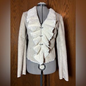 CoffeeShop Beige Teddy Jacket with Plush Ruffles - medium.